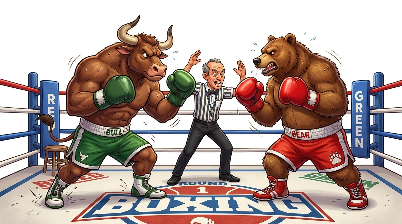 A bull and a bear in boxing gear face off in a ring with a referee.