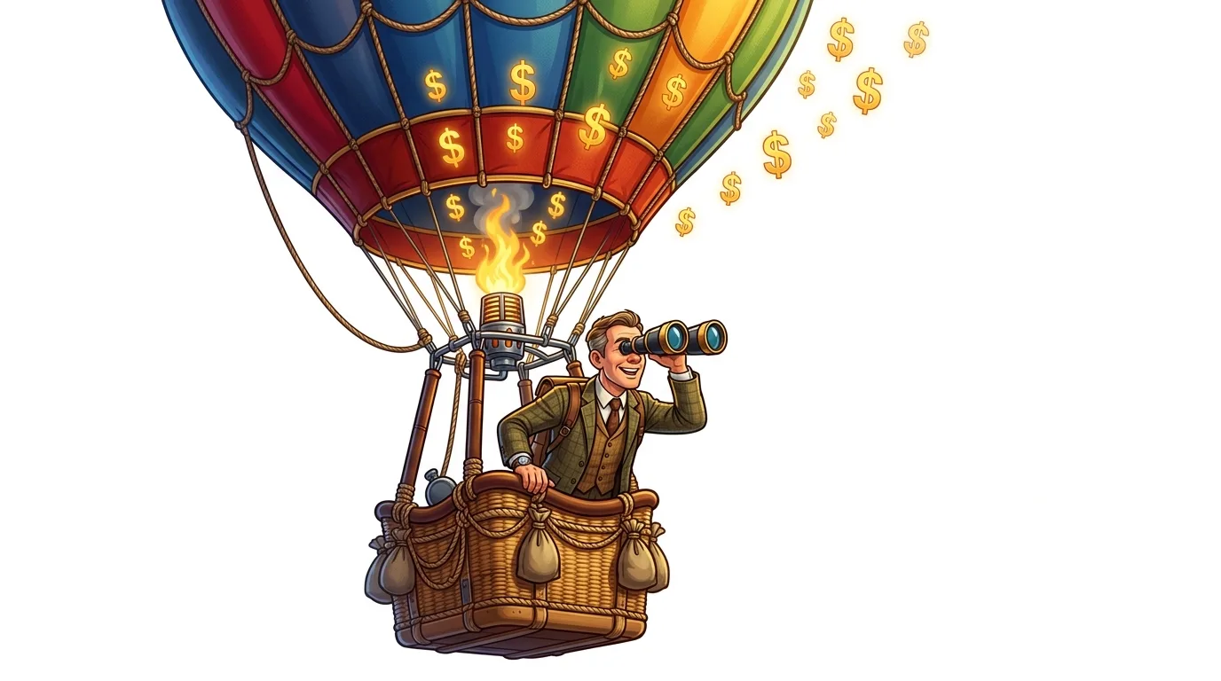 A man in a hot air balloon with dollar signs on it looks through binoculars.