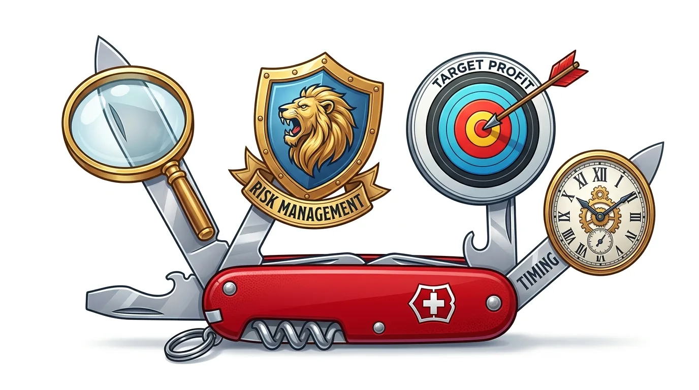 A Swiss Army knife with tools representing risk management, target profit, and timing.