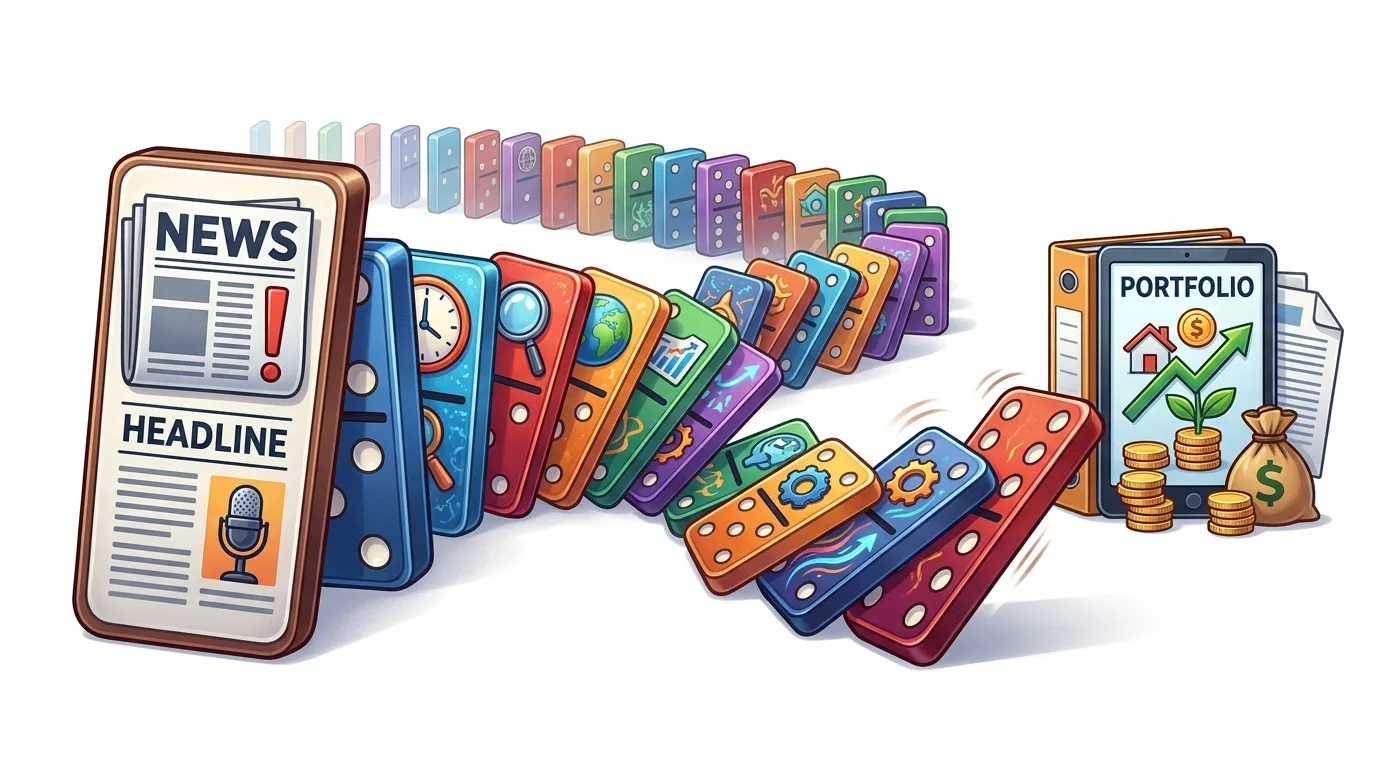 A domino effect illustration showing news influencing various factors leading to portfolio changes.