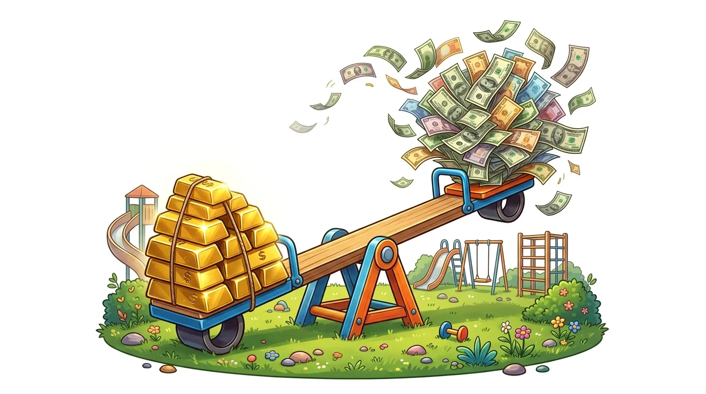 A seesaw in a playground balances a stack of gold bars against a pile of cash.