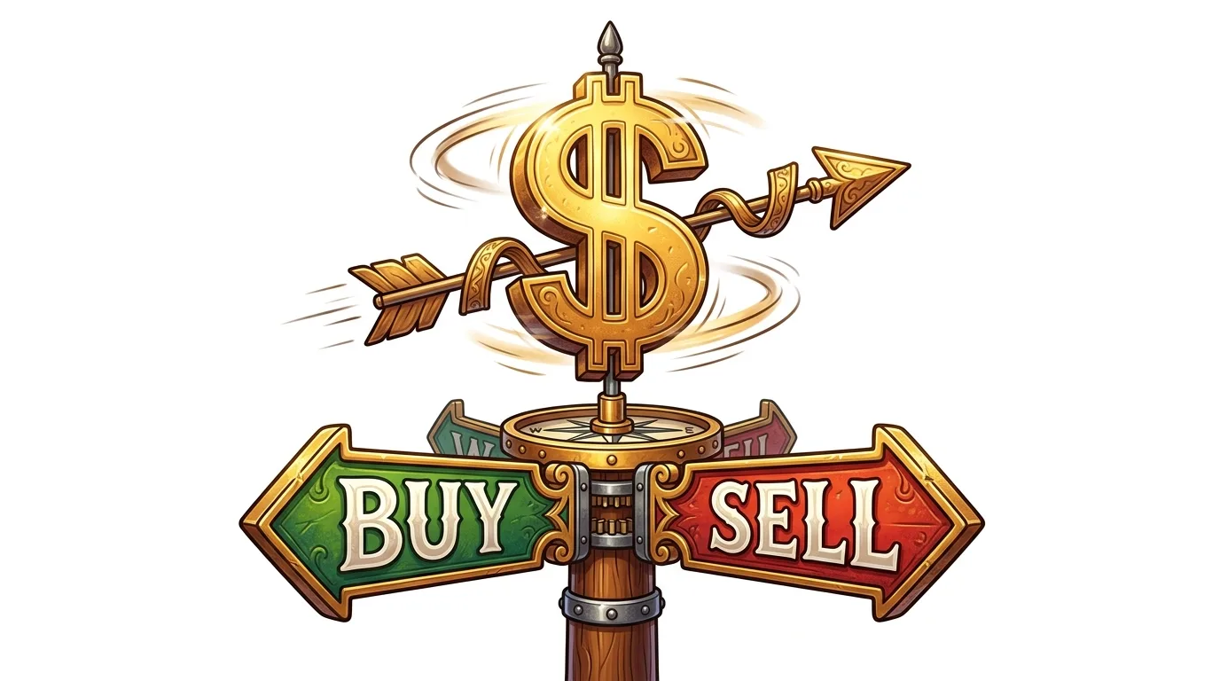 A golden dollar sign weathervane with "BUY" and "SELL" directional signs.