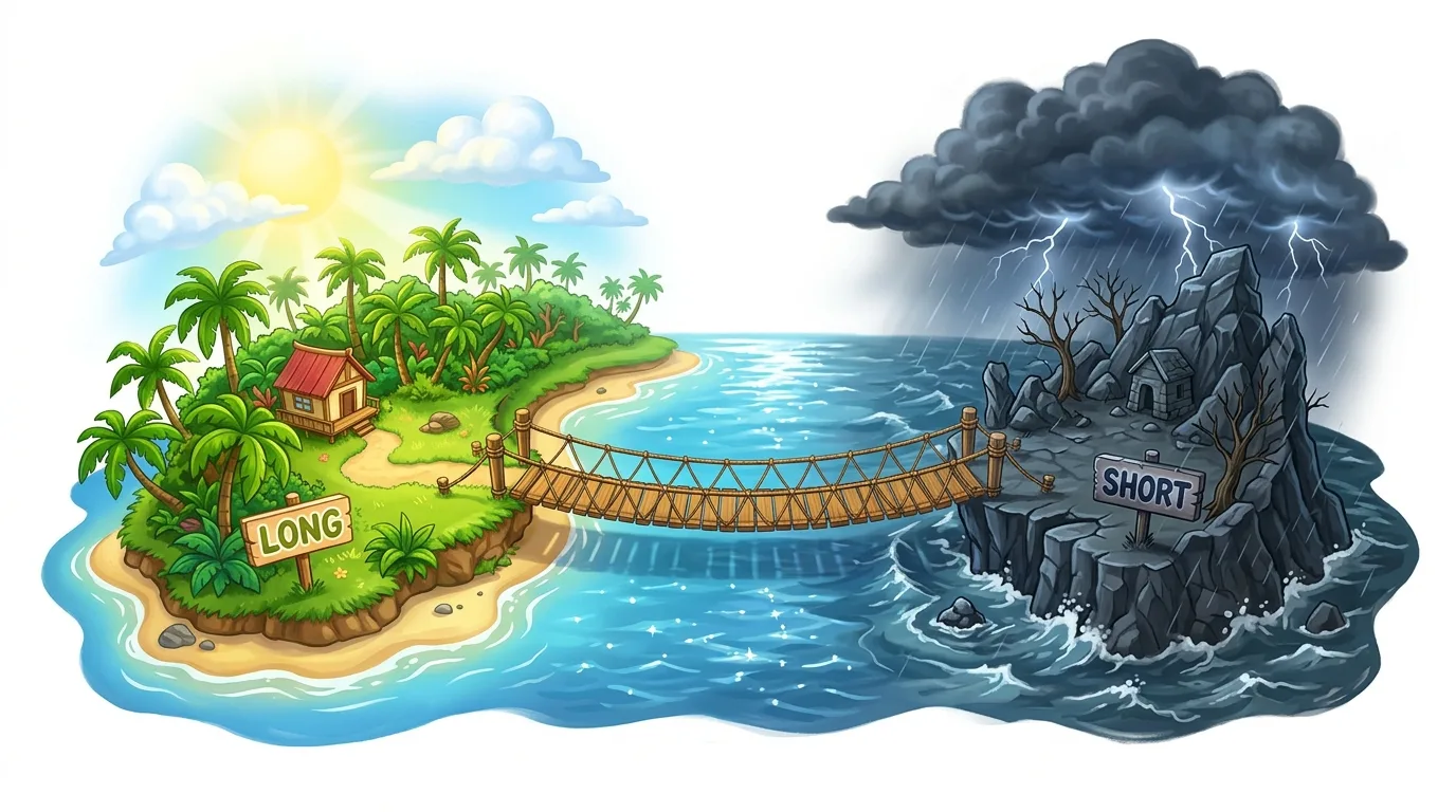 An illustration depicting a sunny, lush island labeled "LONG" connected by a bridge to a stormy, rocky island labeled "SHORT."