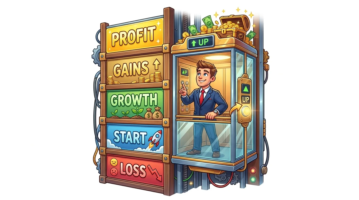 A cartoon businessman in an elevator ascends through levels of 'Start,' 'Growth,' 'Gains,' and 'Profit,' avoiding 'Loss.'