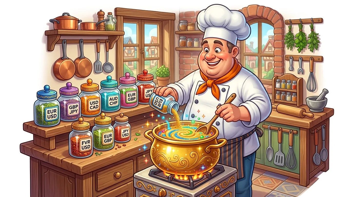 A cheerful chef in a rustic kitchen adds "USD EUR" from a spice jar to a magical, swirling pot.