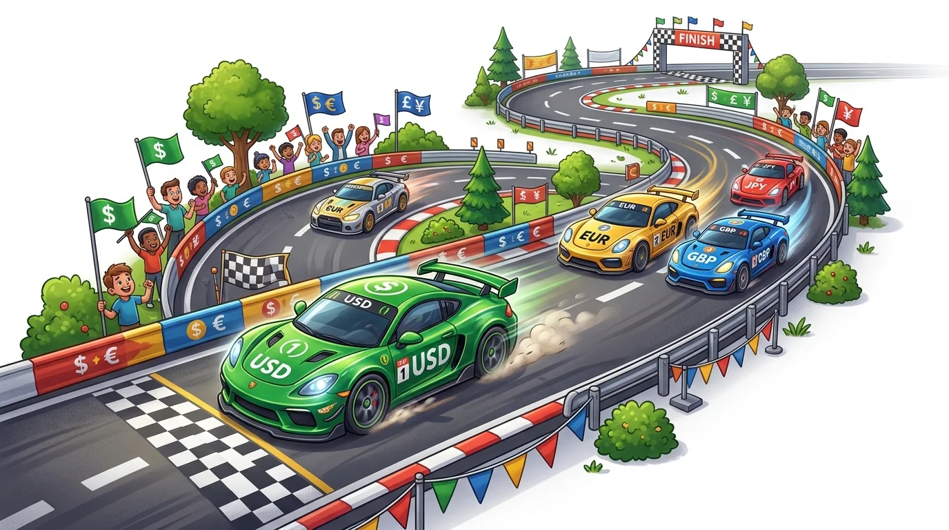 Cartoon race cars representing currencies compete on a track with cheering crowds.