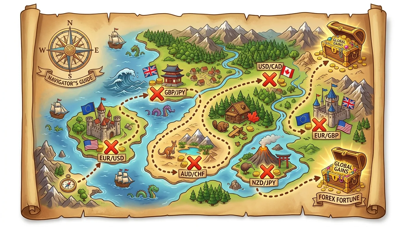 A treasure map illustrating a "Navigator's Guide" to "Forex Fortune" with various currency pairs.