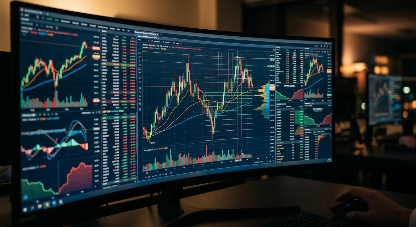 A person monitors financial charts and data on a large, curved ultrawide monitor.