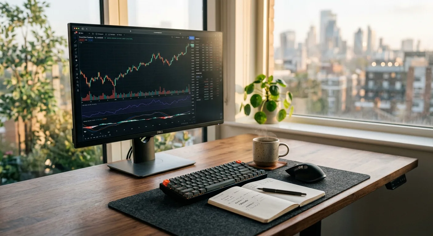 A home office setup with a monitor displaying stock charts, a keyboard, and a notebook.