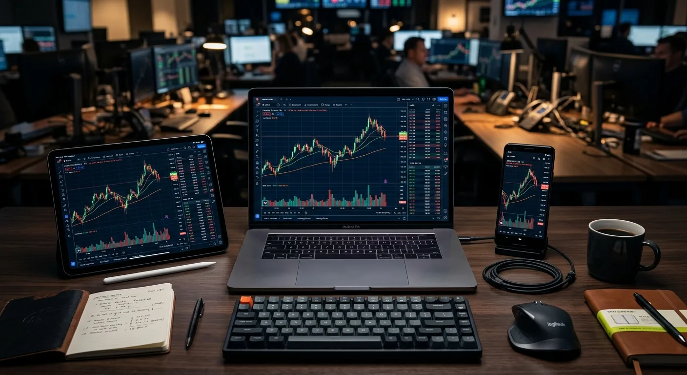 A desk setup with a laptop, tablet, and phone displaying stock charts in a trading office.