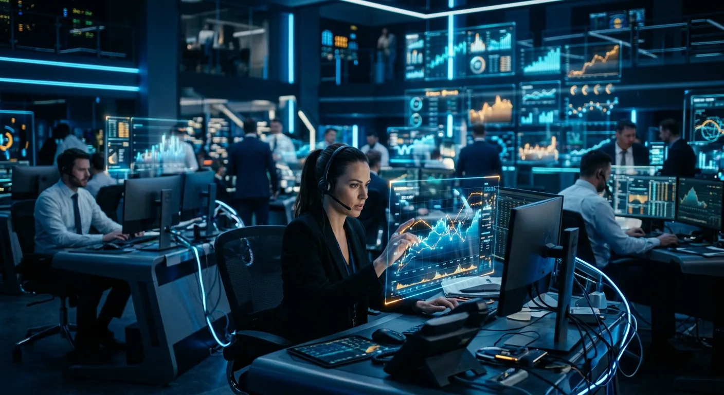 Traders in a high-tech office monitor multiple screens with financial data and charts.