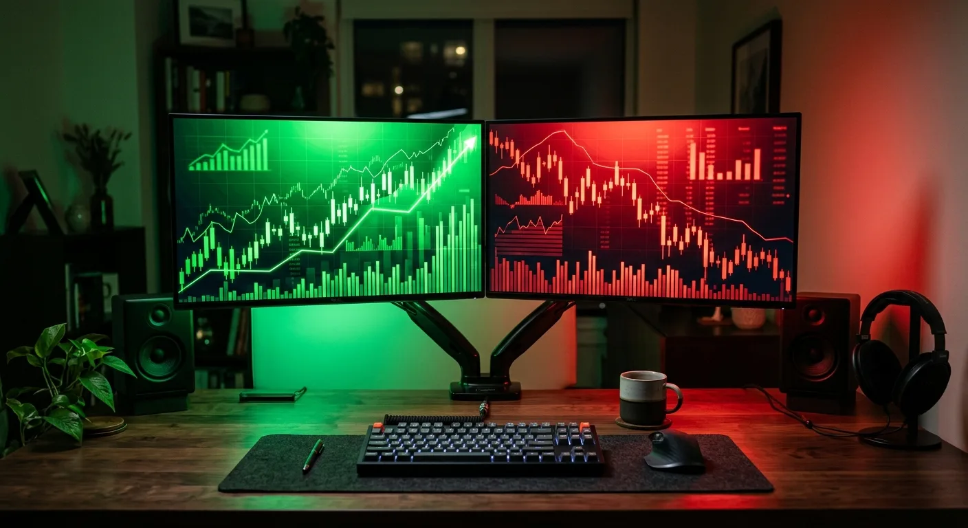 A dual monitor setup displays stock market charts, one green for gains and one red for losses.
