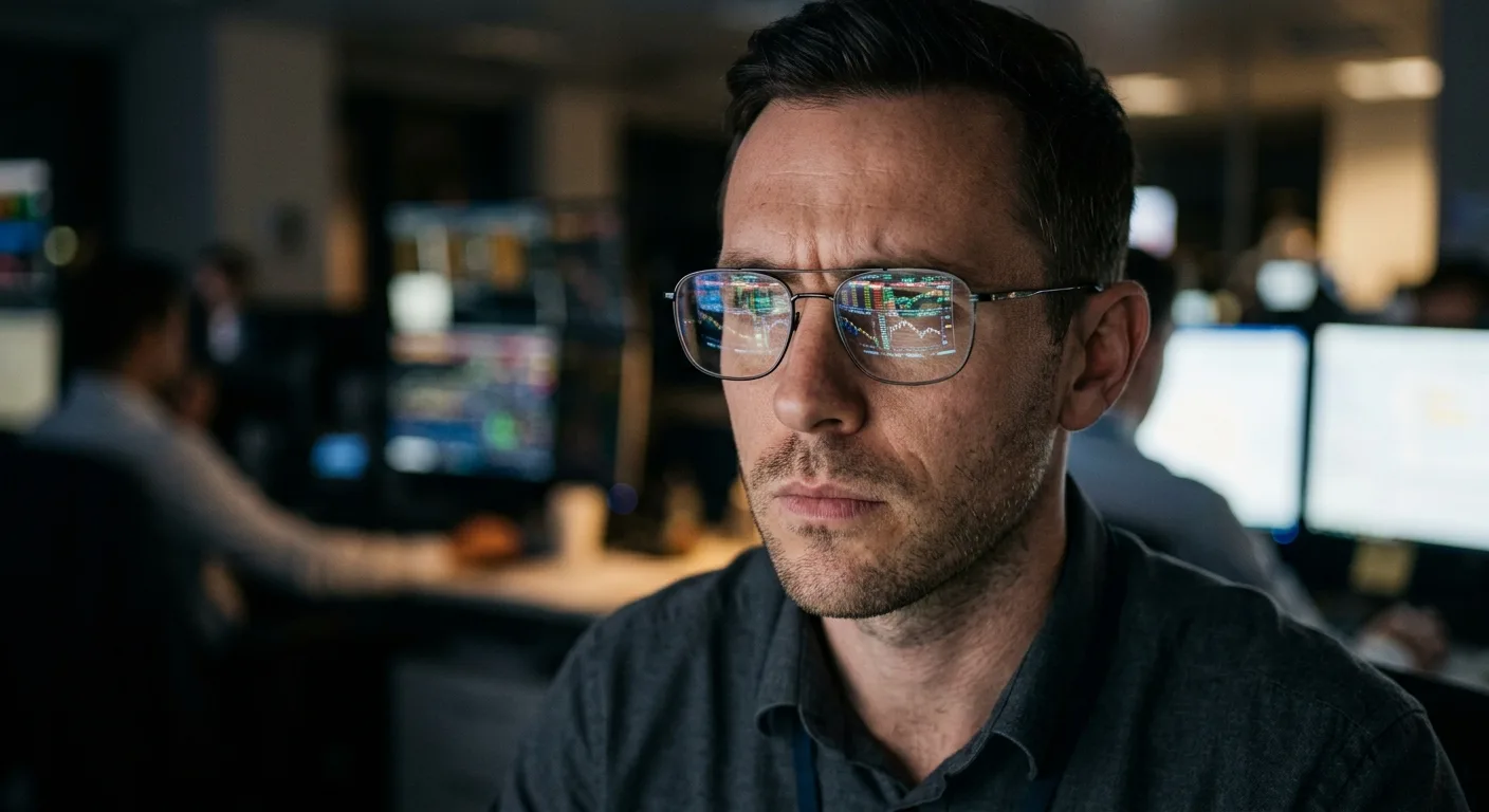 A focused man in glasses, reflecting stock market charts, works in a busy office.