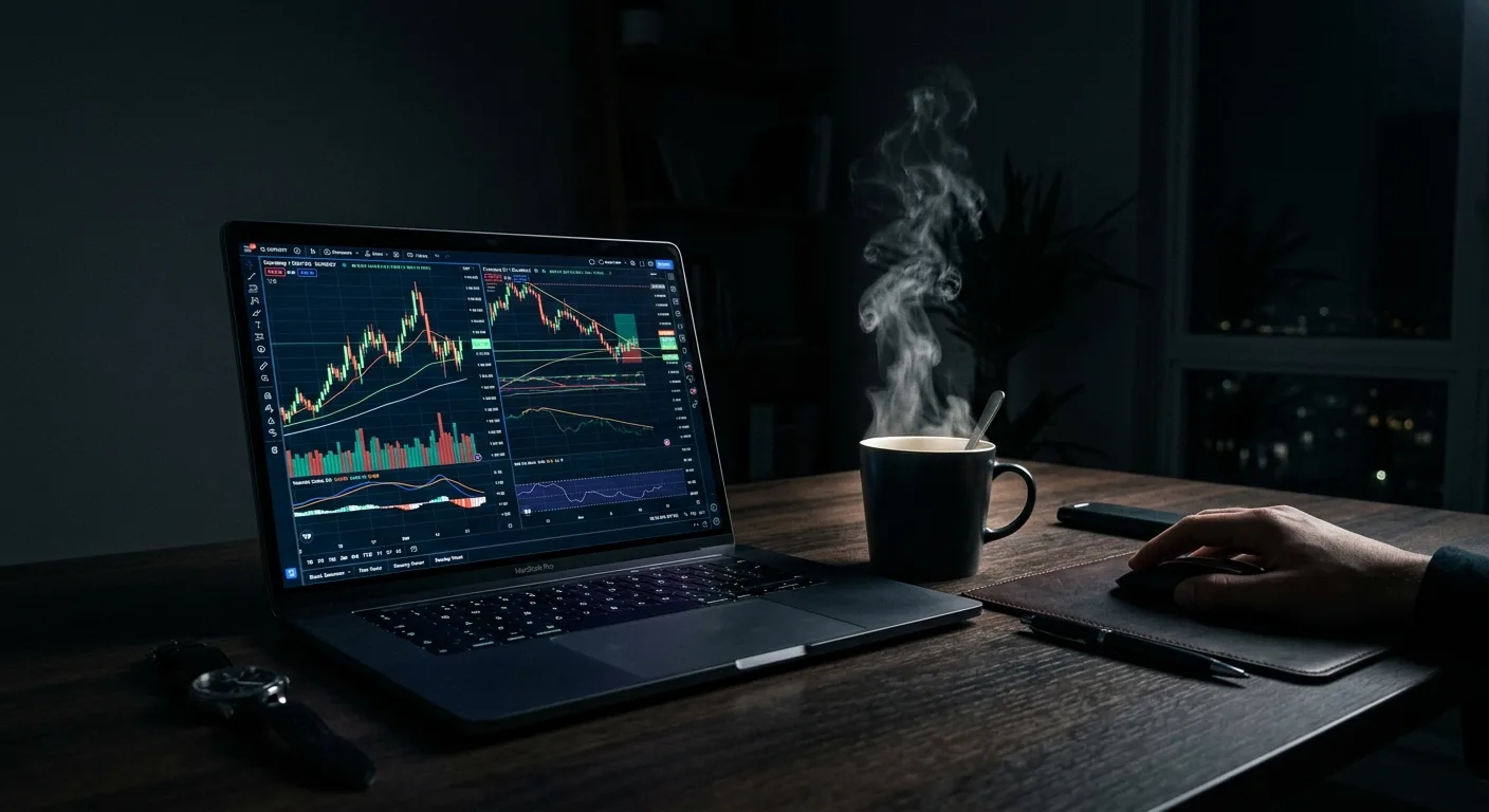 A person trades on a laptop at night, with a steaming mug and city lights in the background.
