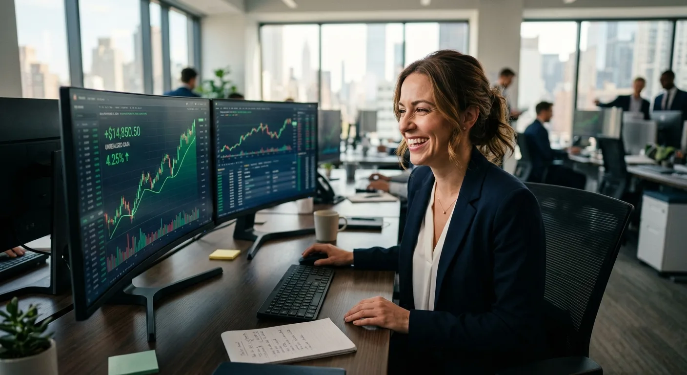 A smiling woman in an office monitors stock market data on dual computer screens.