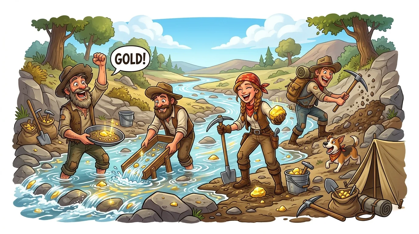 Four gold miners and a dog celebrate finding gold in a river landscape.