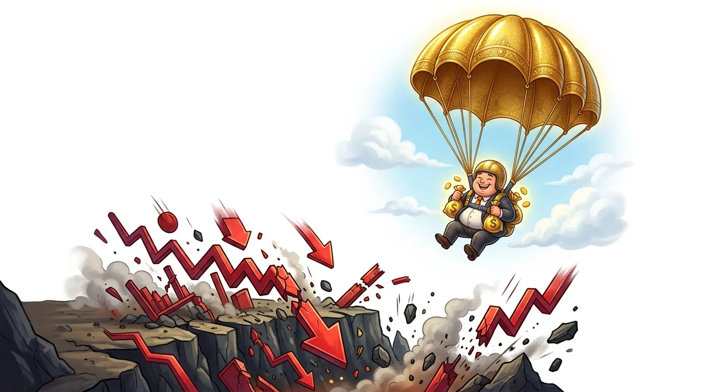 A happy businessman with money bags parachutes above a collapsing market graph.