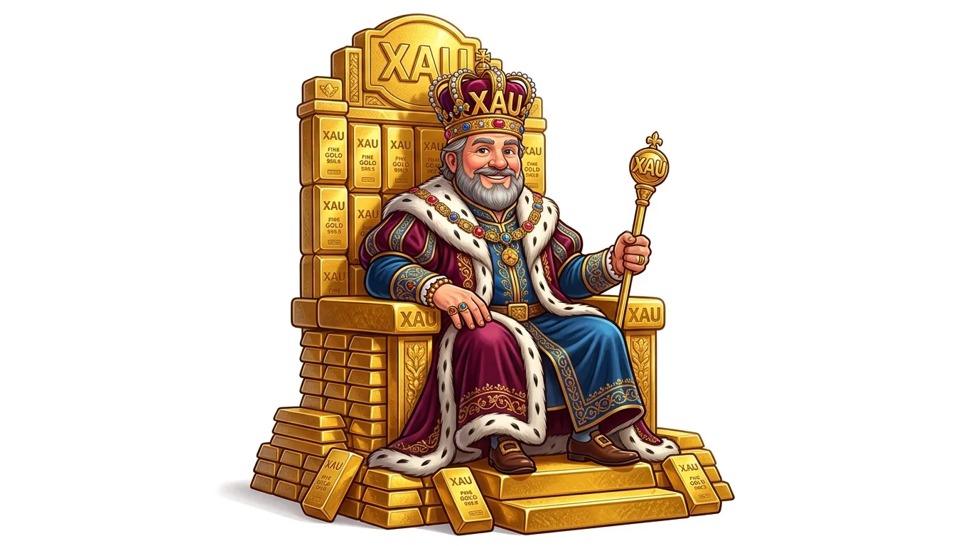 A cartoon king with a crown and scepter sits on a throne made of gold bars, all marked "XAU."