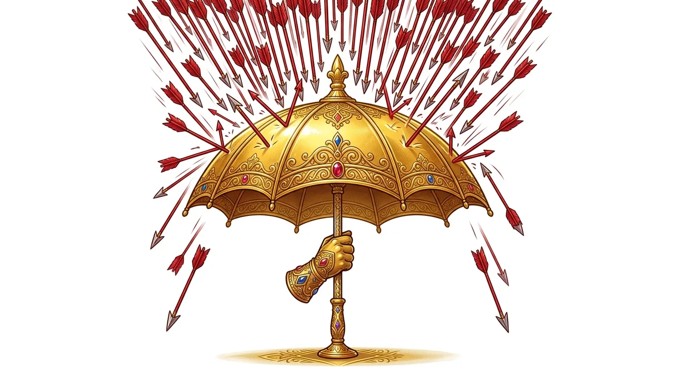 A golden, ornate umbrella, held by a jeweled hand, deflects numerous red arrows.