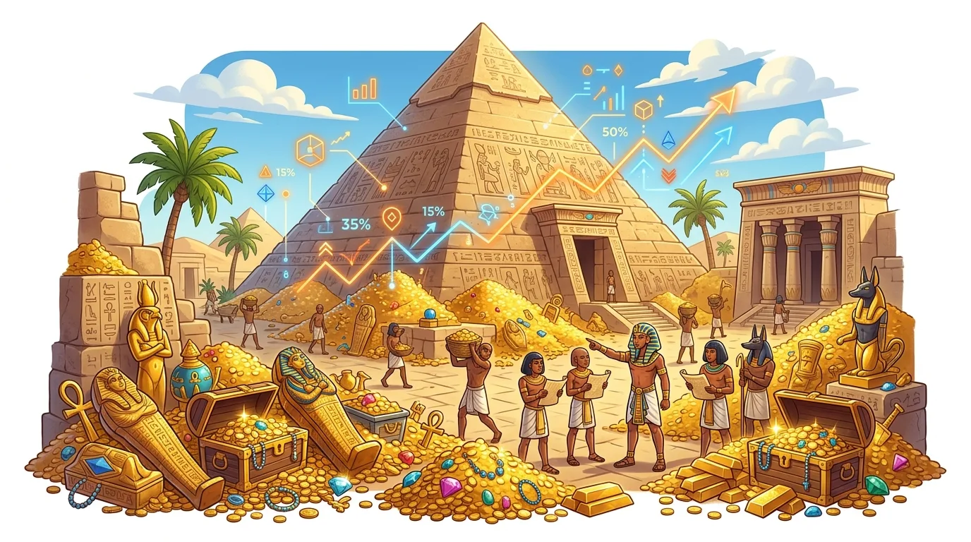 An Egyptian pyramid with digital data overlays, surrounded by people, gold, and ancient artifacts.