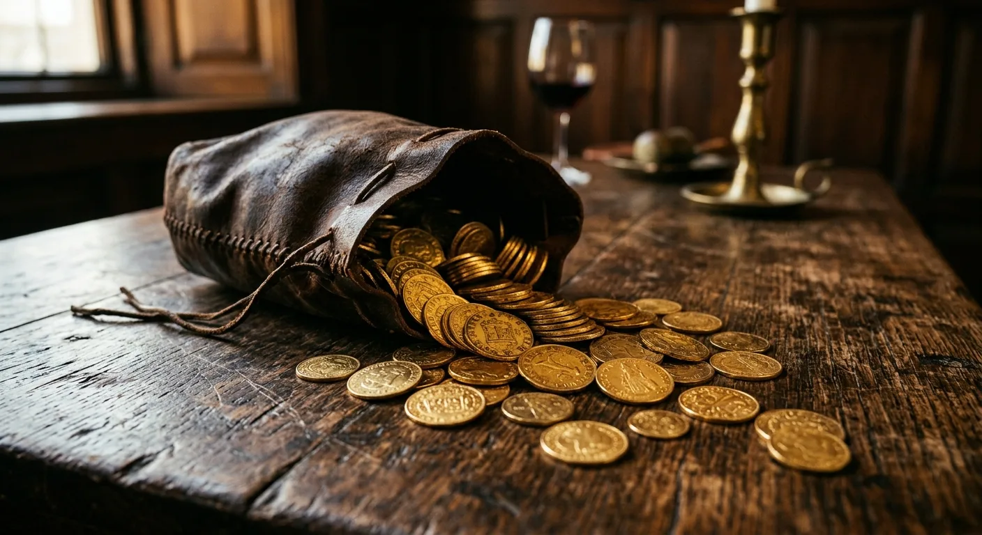 A leather pouch spills gold coins onto a rustic wooden table, with a wine glass and candlestick in the background.