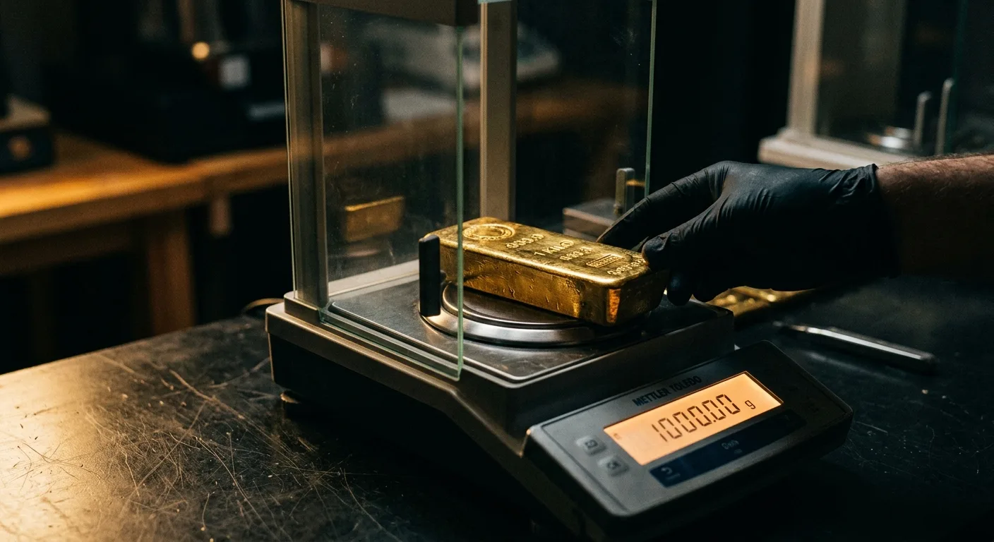 A gloved hand places a gold bar on a digital scale displaying 1000.00 g.