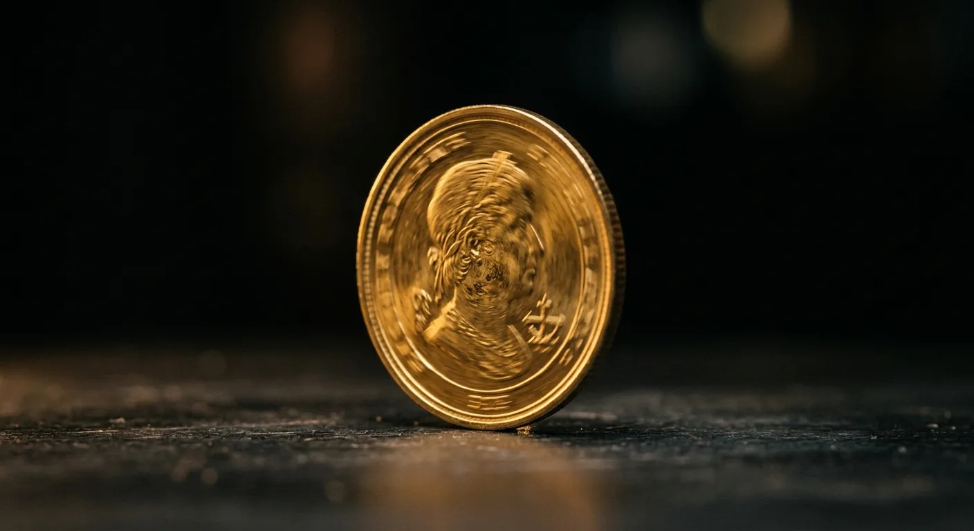 A golden coin with a blurred face design is spinning on a dark, textured surface.