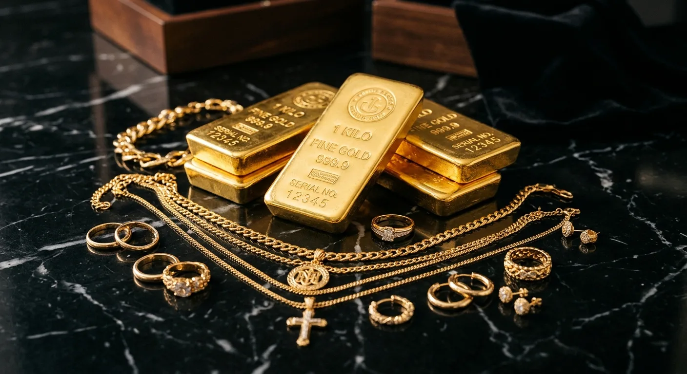 A collection of gold bars and various gold jewelry laid out on a black marble surface.