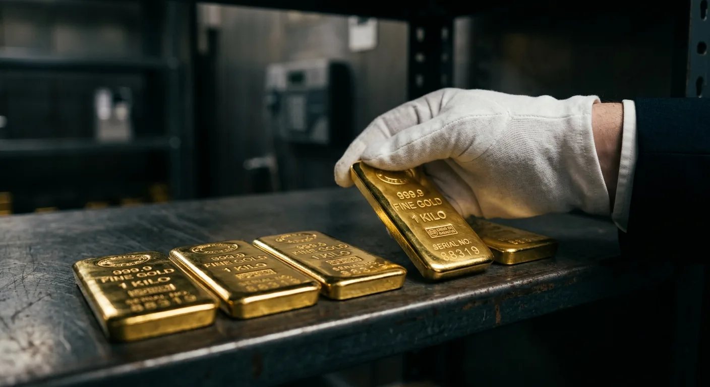 A gloved hand places a gold bar on a shelf with other gold bars.
