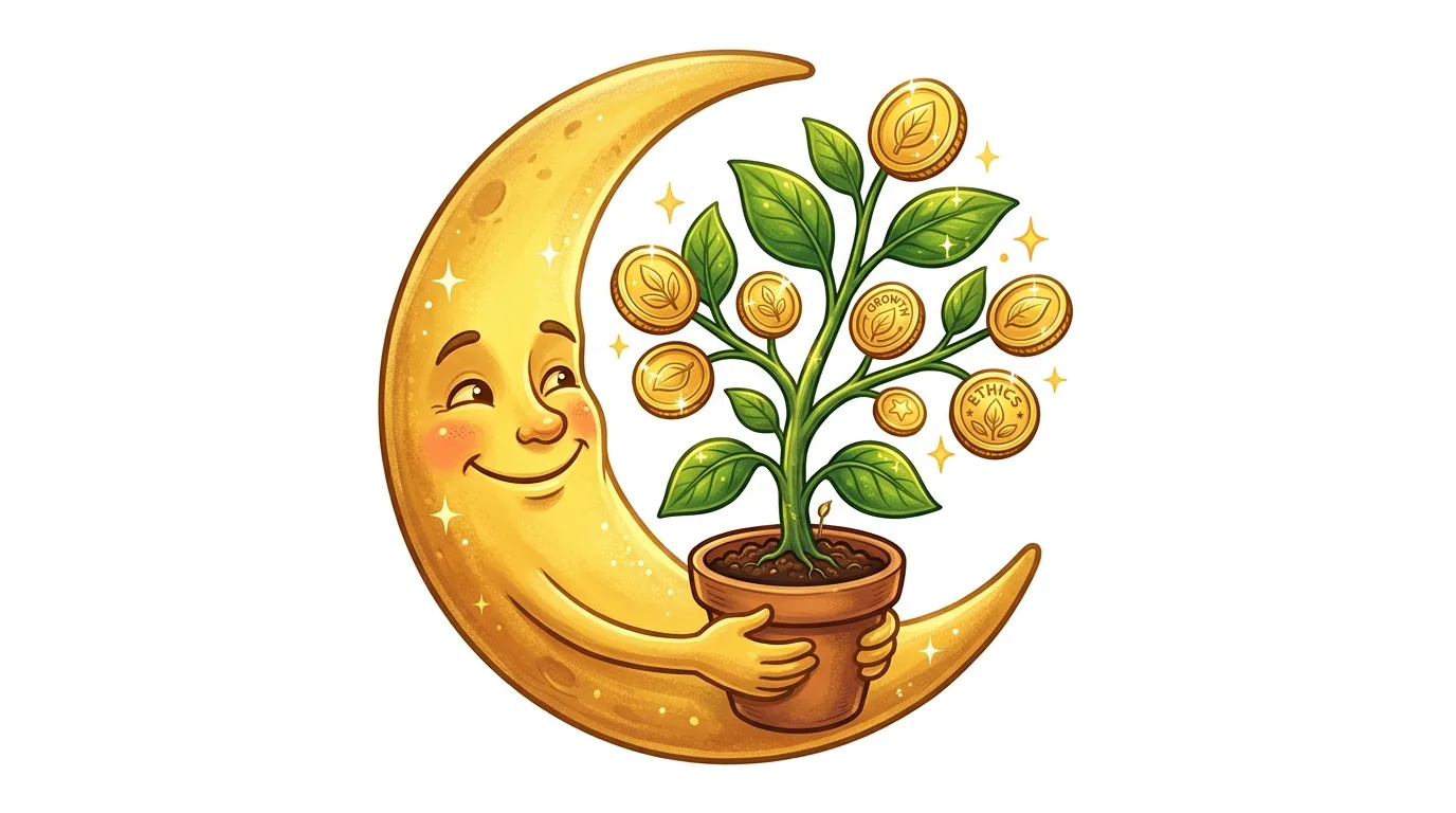 A smiling crescent moon holds a potted plant with leaves and gold coins, some labeled "GROWTH" and "ETHICS."