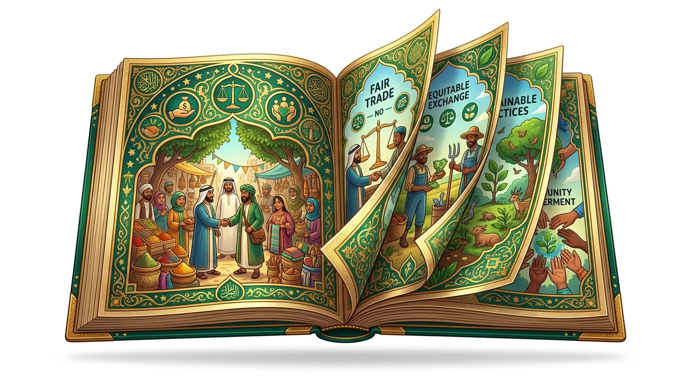 An open book with illustrations depicting fair trade, equitable exchange, sustainable practices, and community involvement.