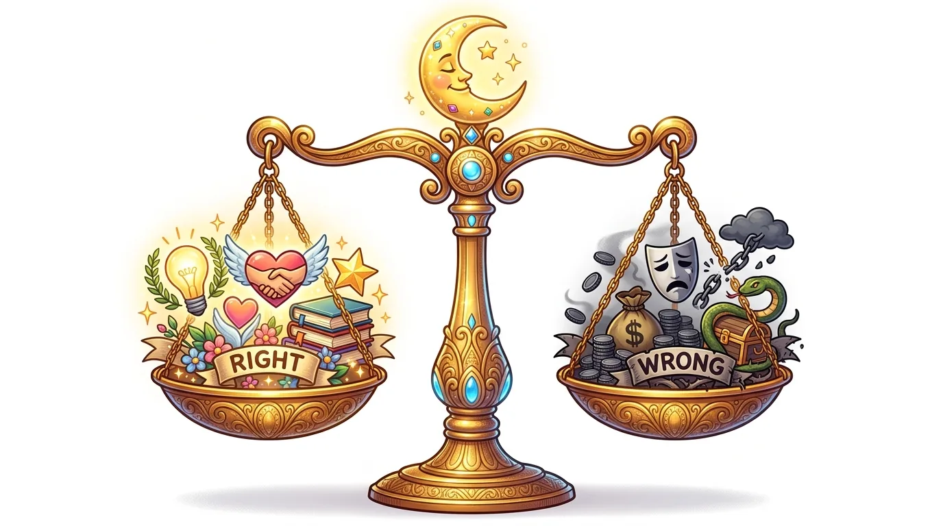 A golden scale balances "Right" (light, knowledge, love) against "Wrong" (darkness, money, deceit).