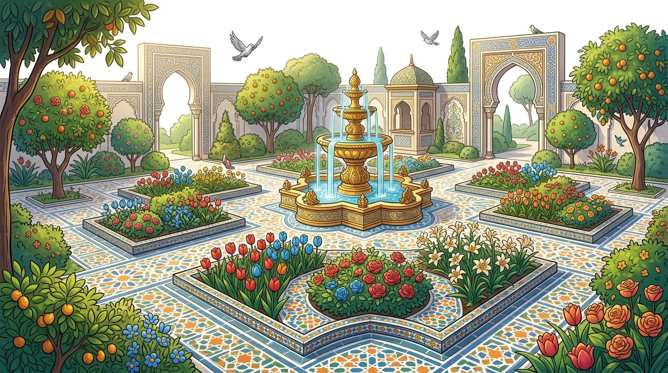 A vibrant, cartoon-style garden with a central fountain, ornate architecture, and colorful flowers.