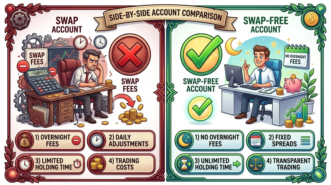 An infographic comparing the disadvantages of a 'Swap Account' with the benefits of a 'Swap-Free Account' for trading.