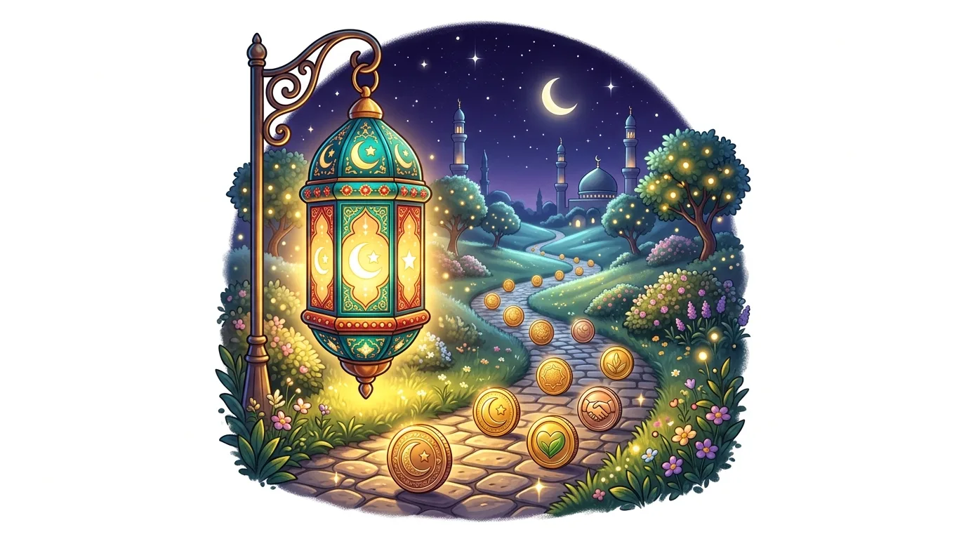 A vibrant, cartoon-style illustration of a Ramadan night scene with a lantern, mosque, and glowing coins on a path.