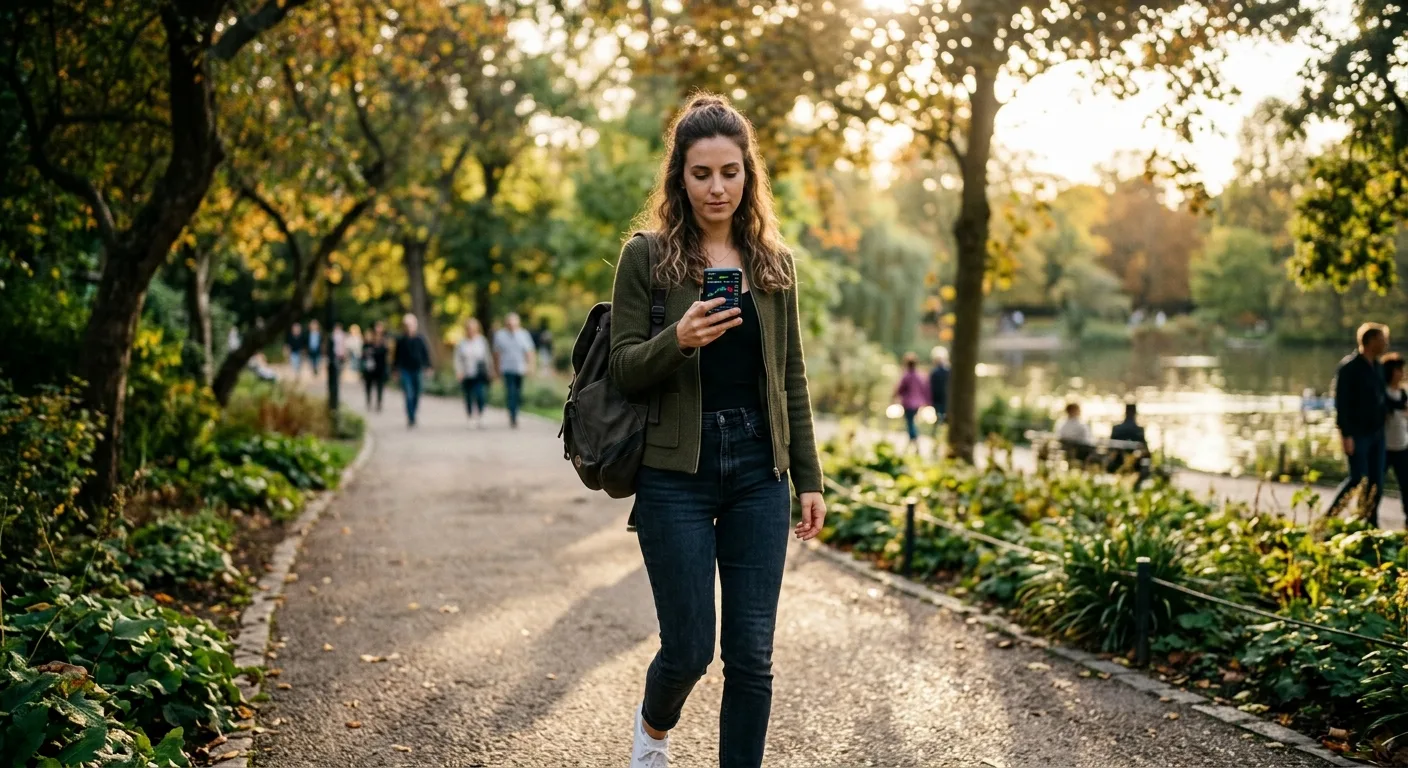 A woman walks through a park, checking stock charts on her phone.