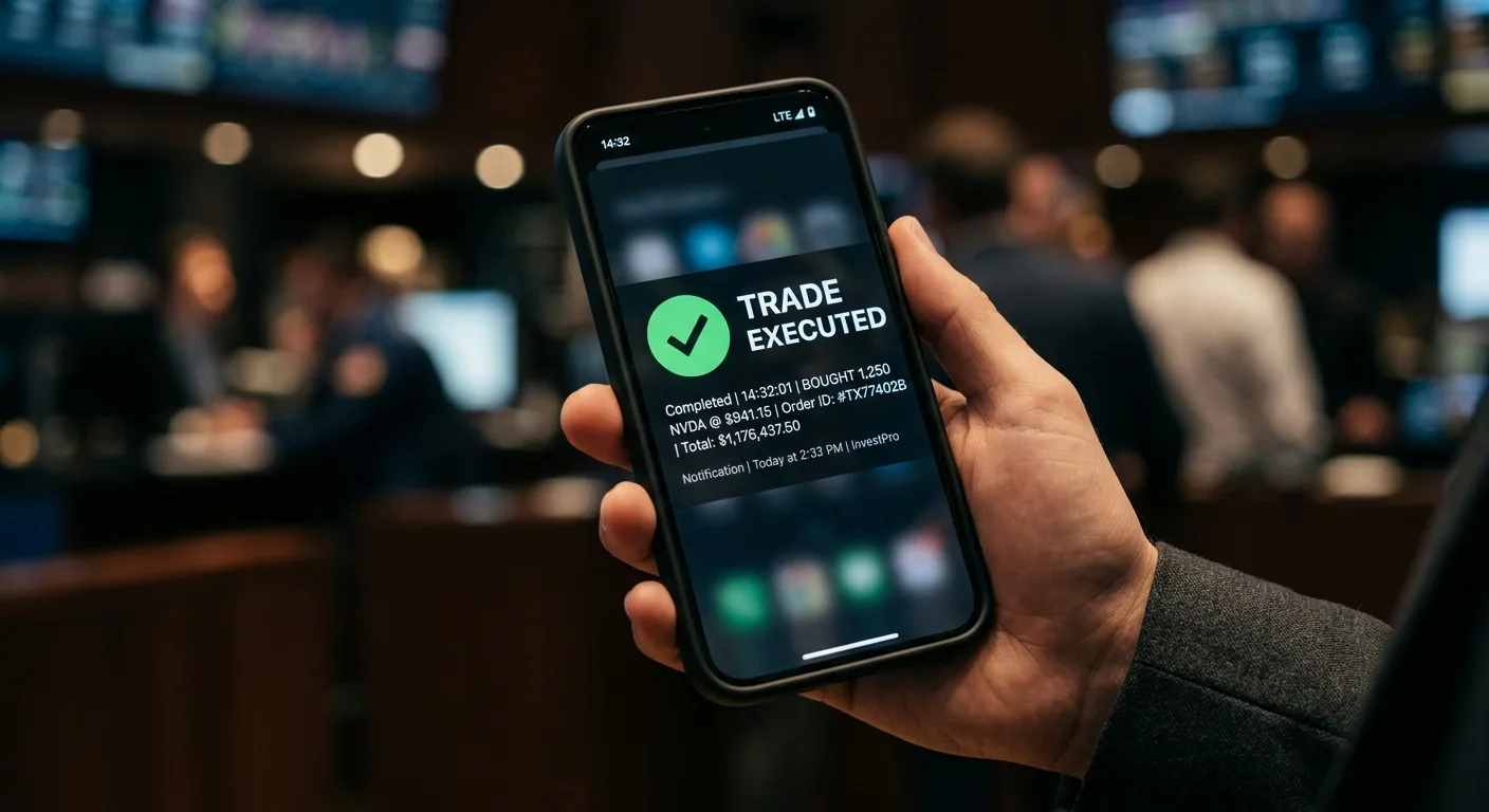 A person holds a smartphone displaying a "TRADE EXECUTED" notification for an NVIDIA stock purchase.
