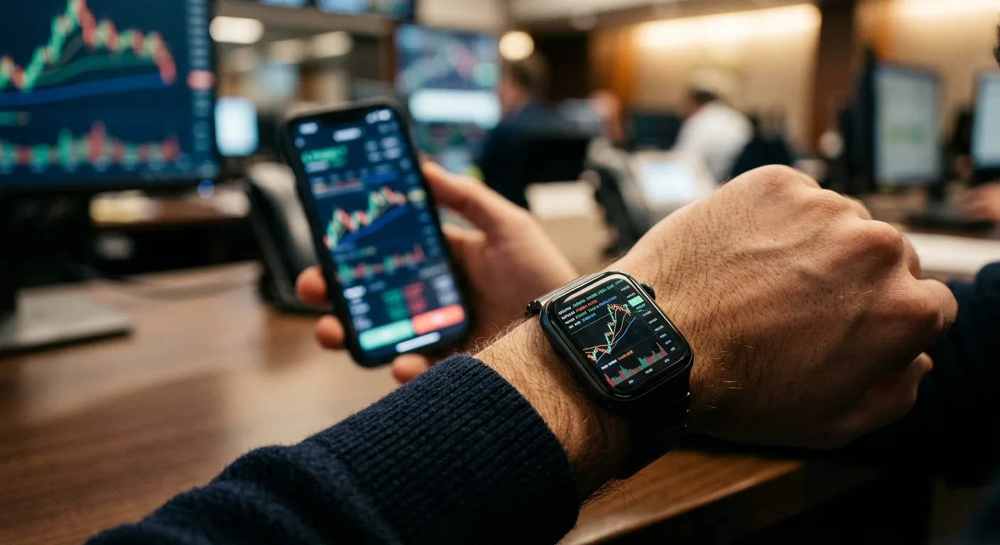 A person monitors stock market data on a smartphone, smartwatch, and computer screen.