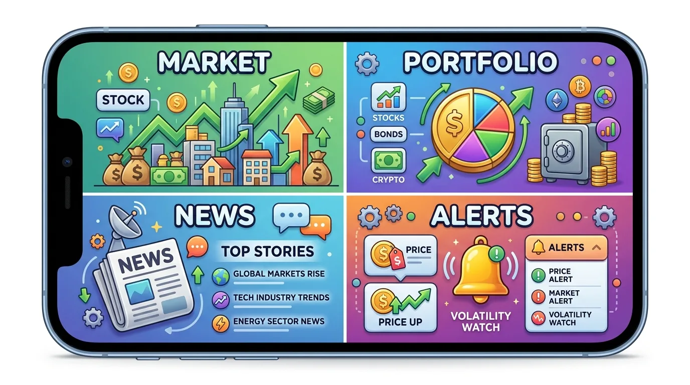 A smartphone displays a vibrant financial app interface with sections for market, portfolio, news, and alerts.