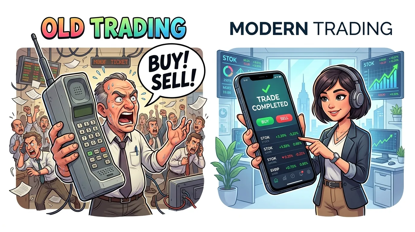 A split image contrasting chaotic old-school trading with calm, modern digital trading.