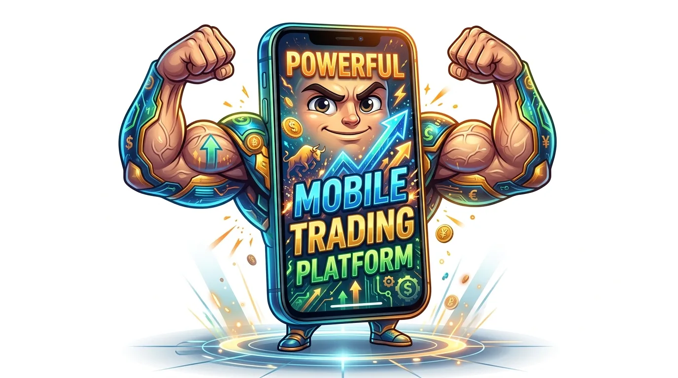 A muscular smartphone character with a determined face displays "POWERFUL MOBILE TRADING PLATFORM" on its screen, surrounded by financial symbols.