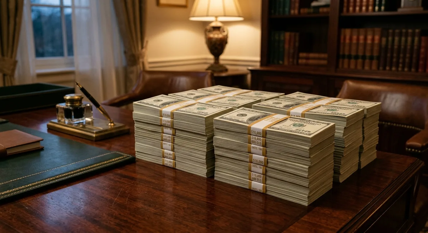 Stacks of cash on a wooden desk in a well-appointed office with an inkwell and pen.