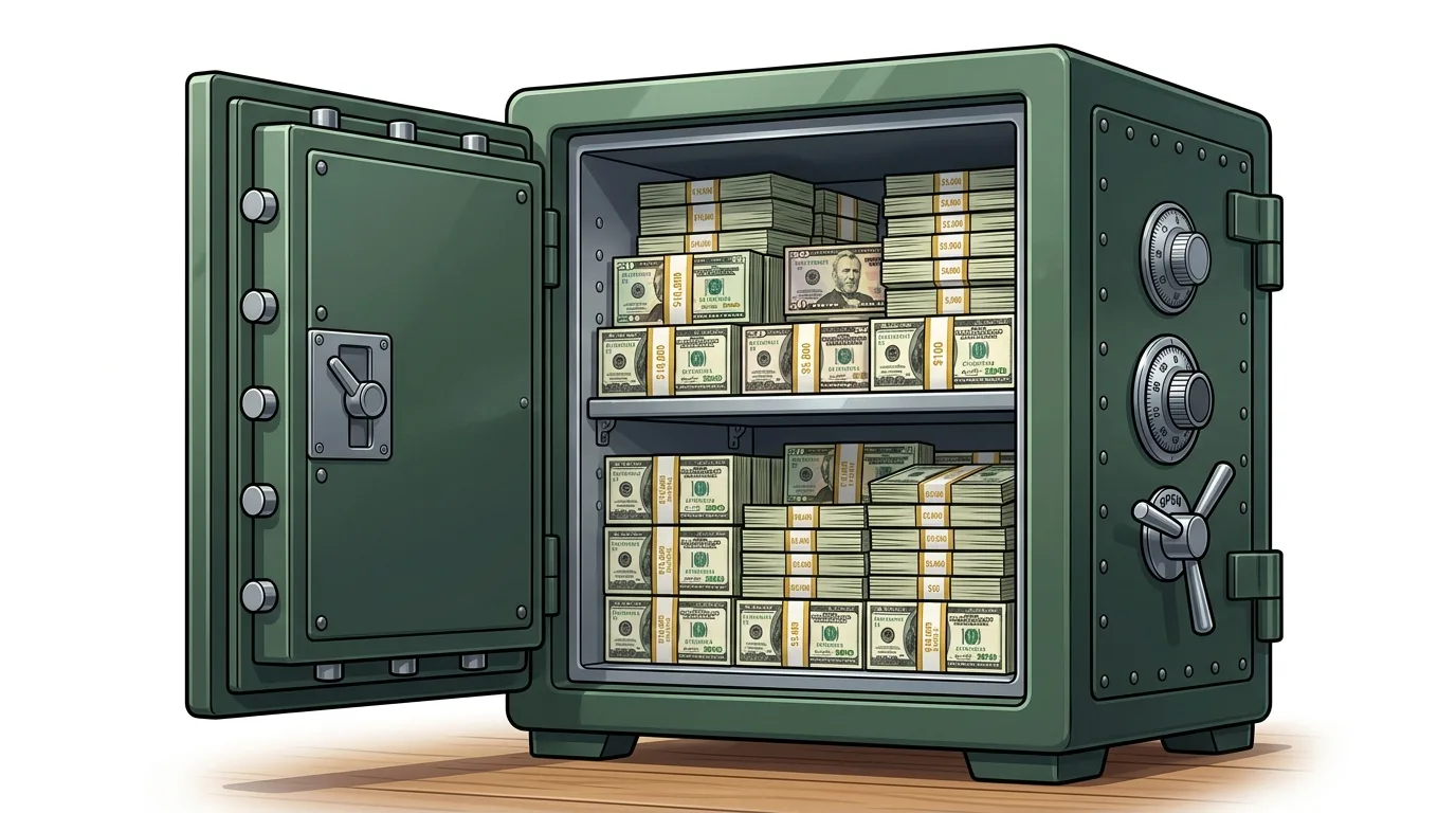 An open green safe filled with stacks of US dollar bills on two shelves.
