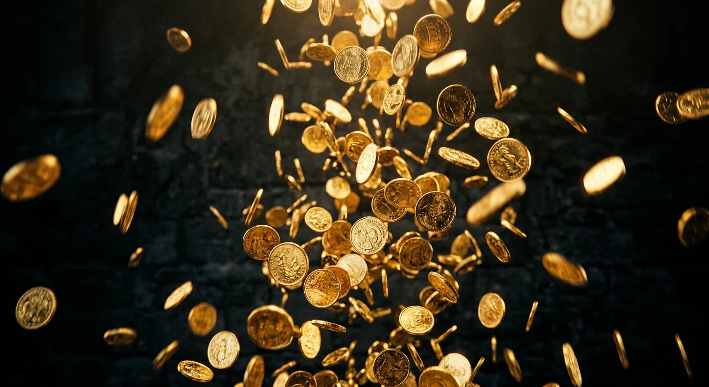Golden coins falling against a dark, textured background, creating a sense of abundance.