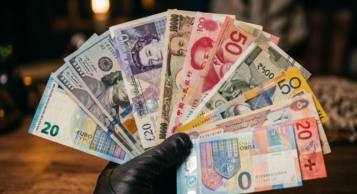 A gloved hand holds a fan of various international currencies.