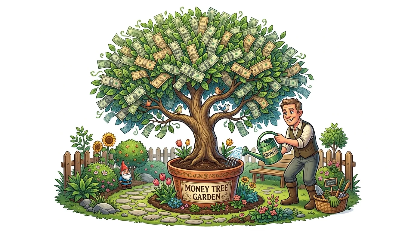 A man waters a money tree in a garden with a gnome and various plants.