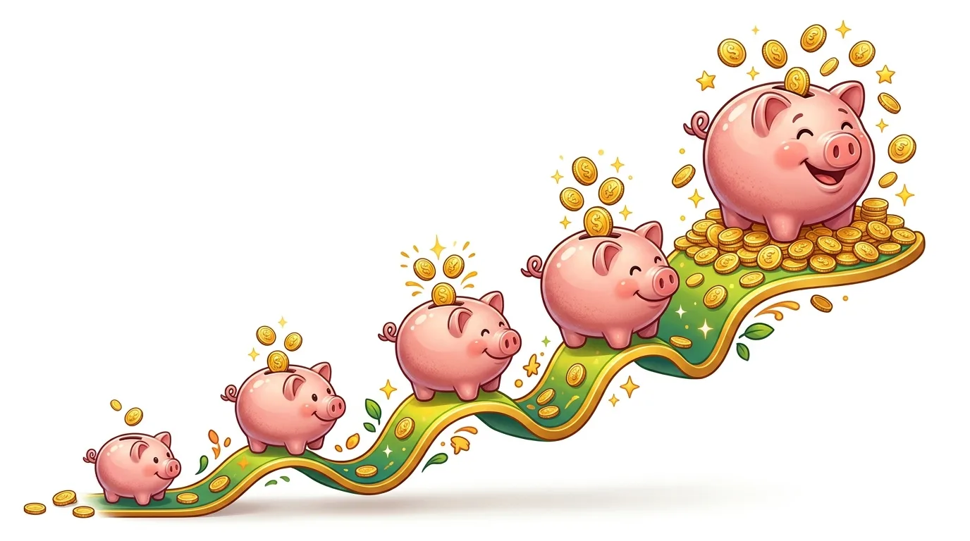 A row of increasing size piggy banks on an upward path, accumulating more coins.
