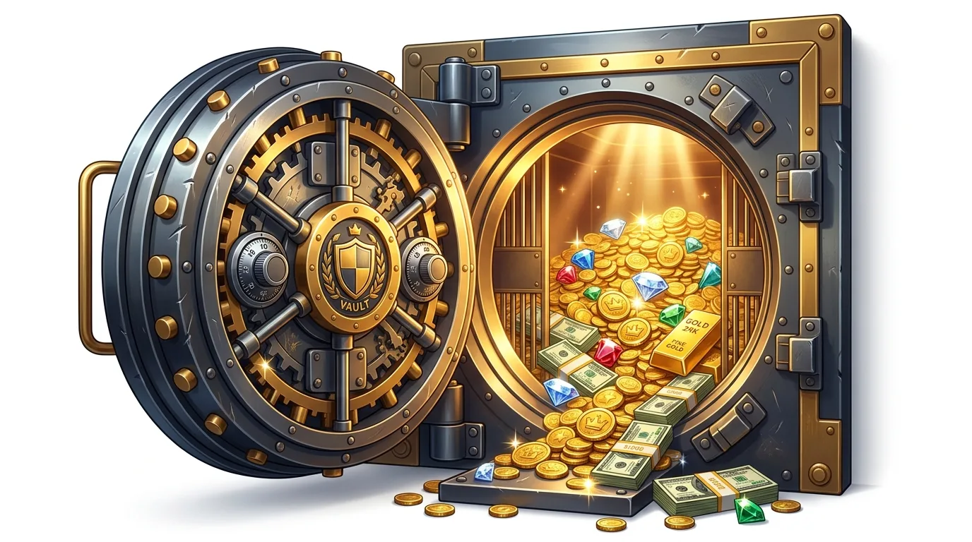 An open vault door reveals a treasure trove of gold coins, diamonds, and cash.