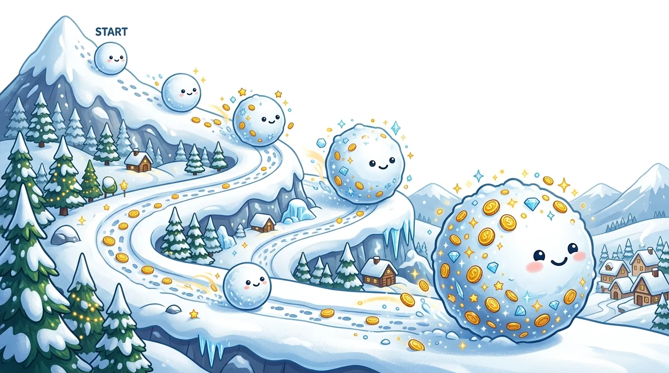 A cute snowball rolls down a snowy mountain path, growing larger and collecting coins and gems.