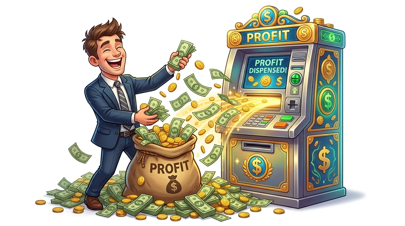 A joyful man in a suit collects money from a "PROFIT" machine and a bag.